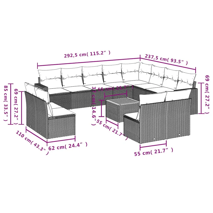 Salon de jardin avec coussins 13 pcs gris résine tressée - 12