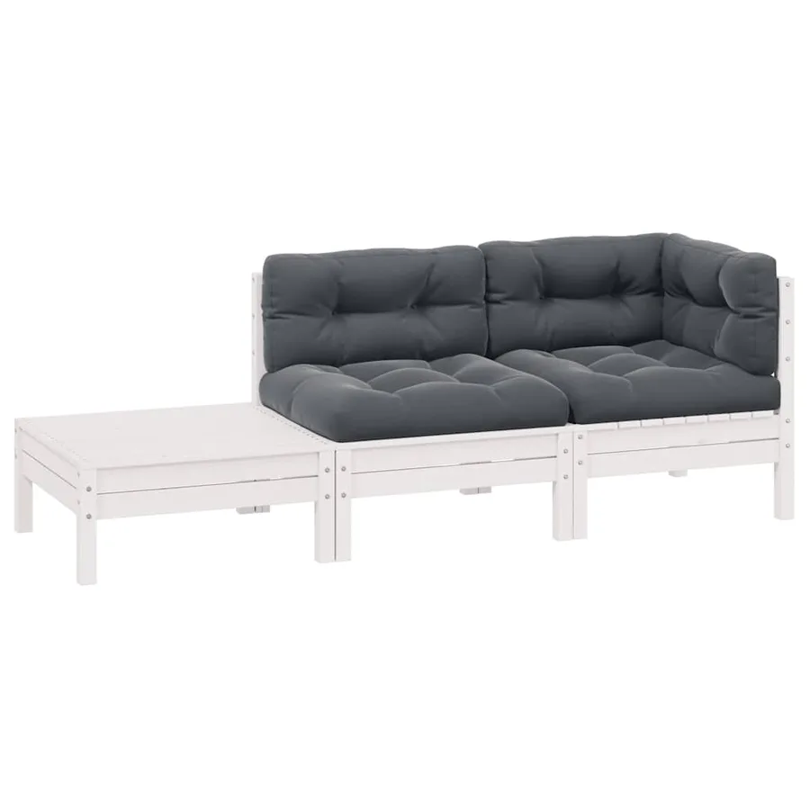 Salon de jardin 3 pcs avec coussins Blanc Bois de pin massif - 2