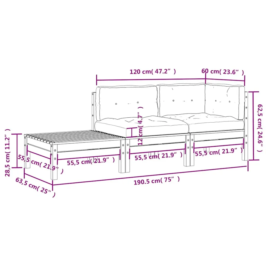 Salon de jardin 3 pcs avec coussins Blanc Bois de pin massif - 7