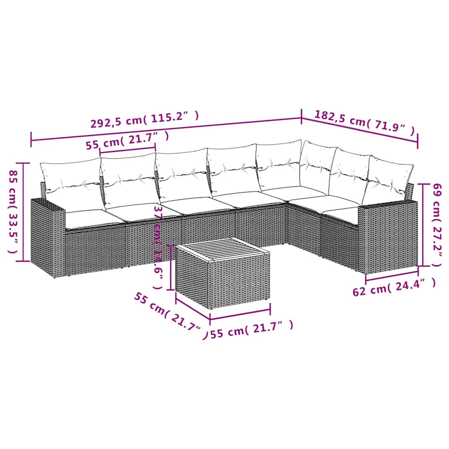 Salon de jardin 8 pcs avec coussins gris résine tressée - 12