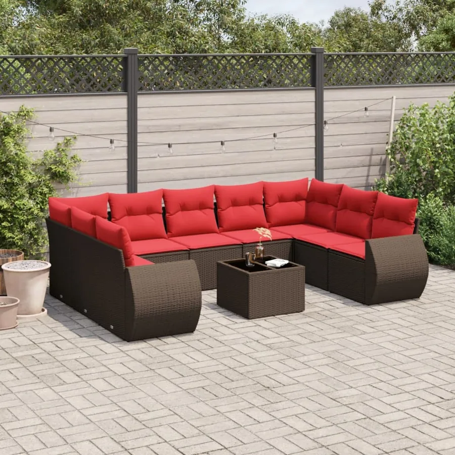 Ensemble de canapé de jardin 10 pcs avec coussins marron résine tressée