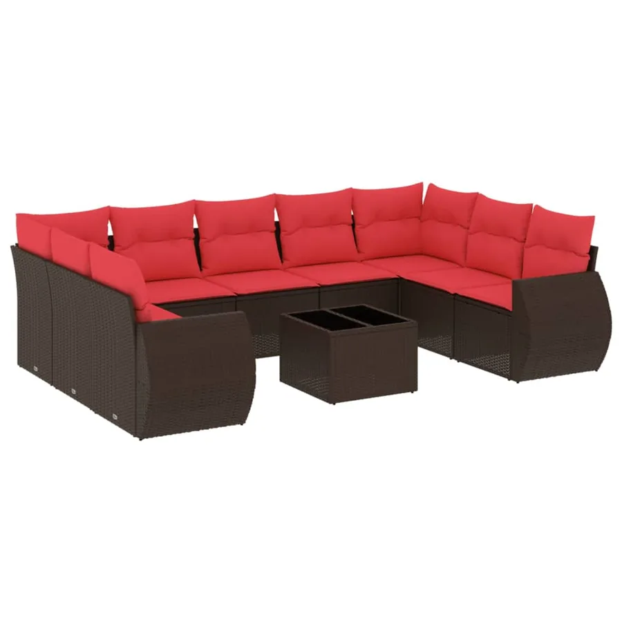 Ensemble de canapé de jardin 10 pcs avec coussins marron résine tressée - 2