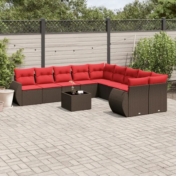 Ensemble de canapé de jardin 11 pcs avec coussins marron résine tressée