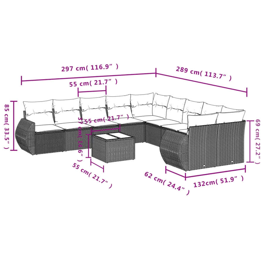 Ensemble de canapé de jardin 11 pcs avec coussins marron résine tressée - 8