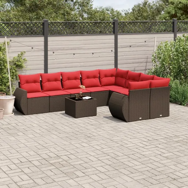 Ensemble de canapé de jardin 10 pcs avec coussins marron résine tressée