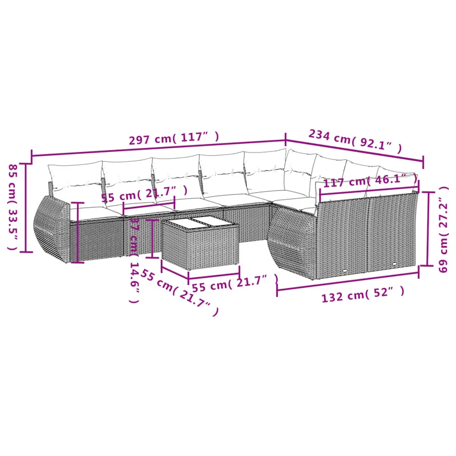 Ensemble de canapé de jardin 10 pcs avec coussins marron résine tressée - 8