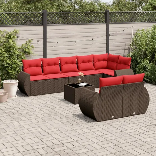 Ensemble de canapé de jardin 9 pcs avec coussins marron résine tressée