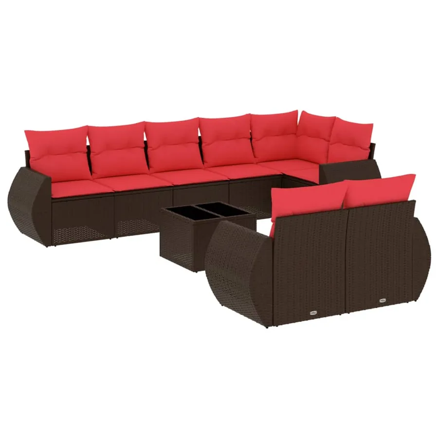 Ensemble de canapé de jardin 9 pcs avec coussins marron résine tressée - 2