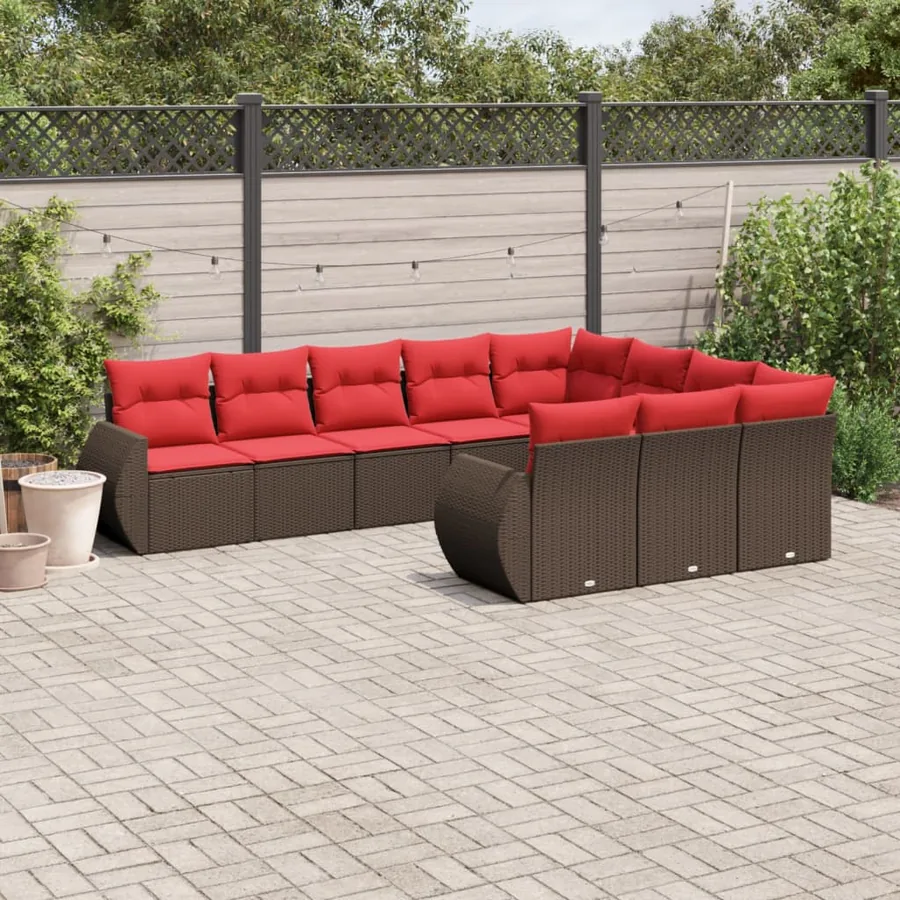 Ensemble de canapé de jardin 10 pcs avec coussins marron résine tressée