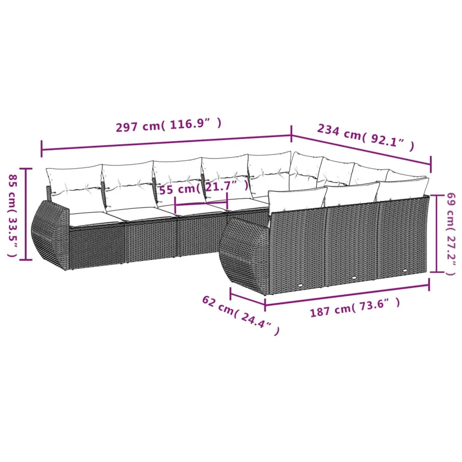 Ensemble de canapé de jardin 10 pcs avec coussins marron résine tressée - 7