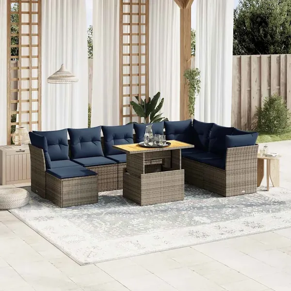 Salon de jardin 9 pcs avec coussins gris résine tressée