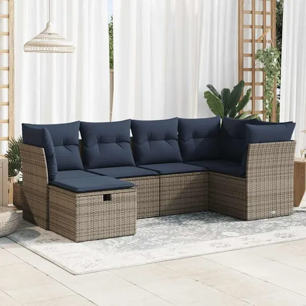 Salon de jardin 6 pcs avec coussins gris résine tressée