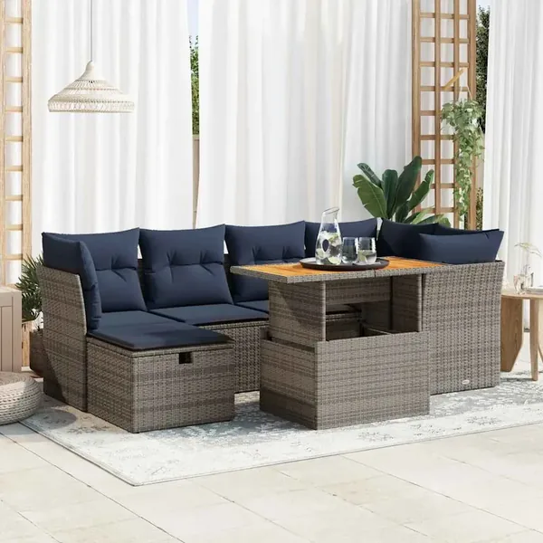 Salon de jardin avec coussins 7 pcs noir résine tressée acacia