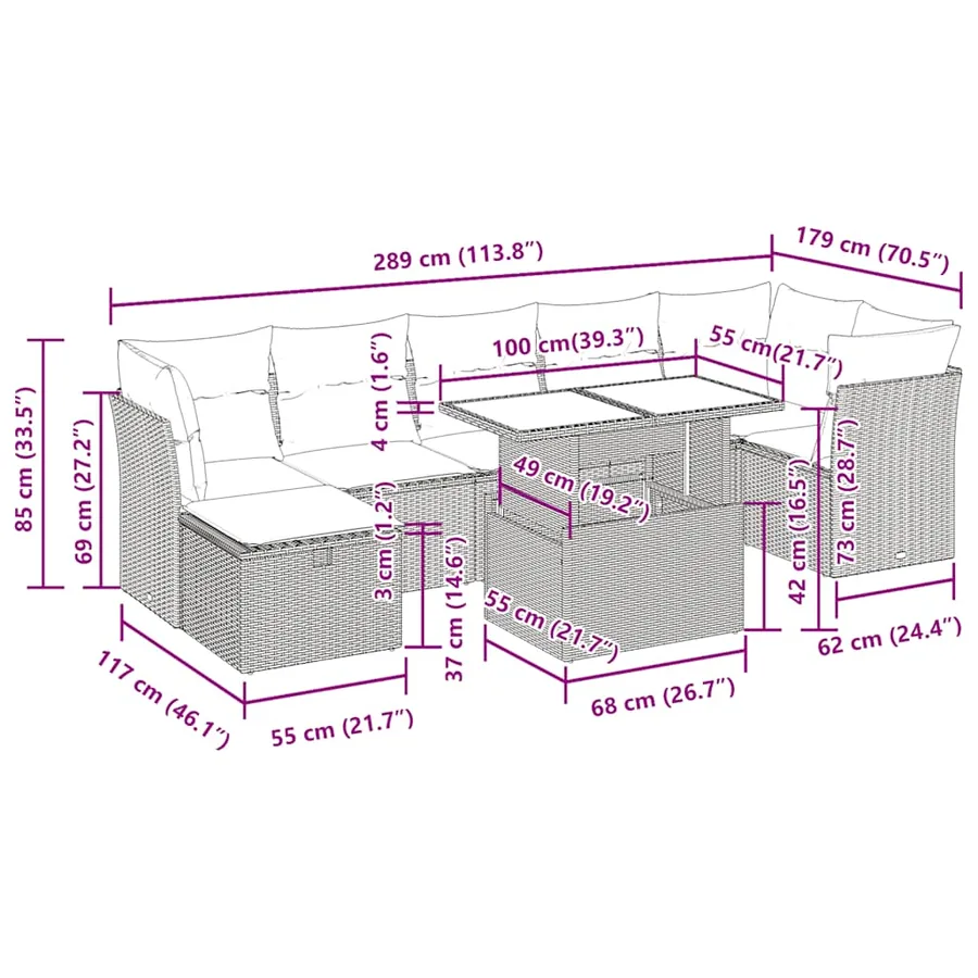 Salon de jardin 8pcs avec coussins gris résine tressée acacia - 15