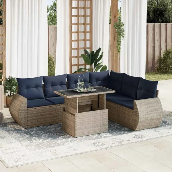 Salon de jardin avec coussins 7 pcs gris résine tressée acacia