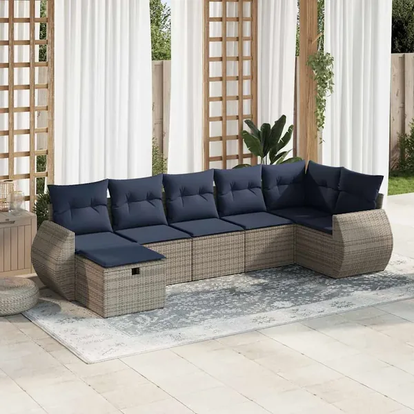 Salon de jardin avec coussins 7 pcs gris résine tressée