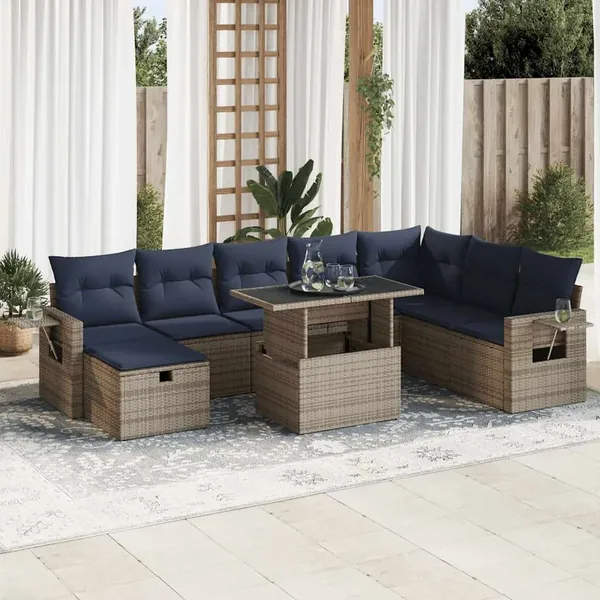Salon de jardin avec coussins 9pcs gris résine tressée acacia