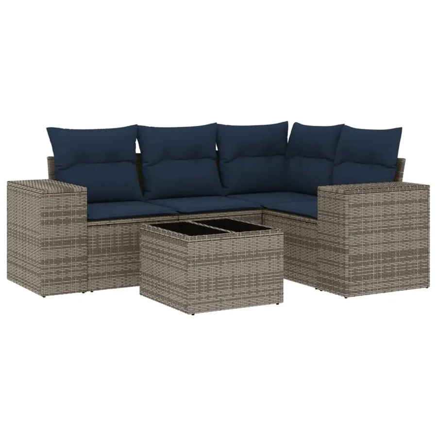 Ensemble de canapé de jardin 5 pcs avec coussins gris résine tressée - 2