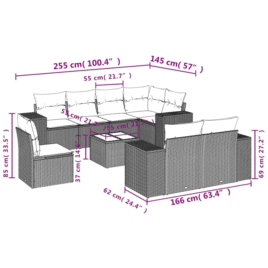 Ensemble de canapé de jardin 9 pcs avec coussins gris résine tressée - 8