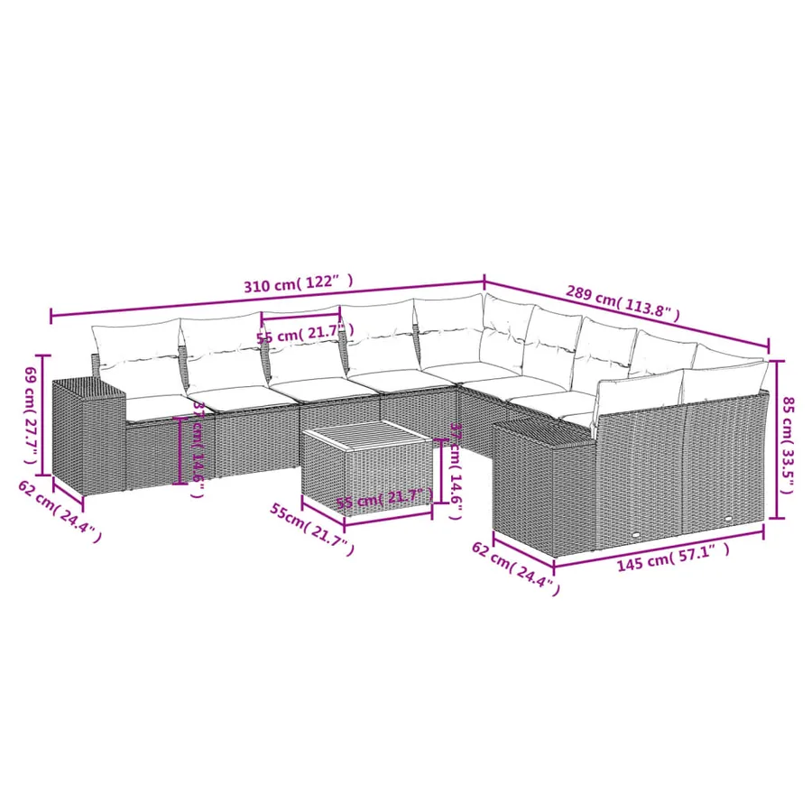 Ensemble de canapé de jardin 11 pcs avec coussins gris résine tressée - 8