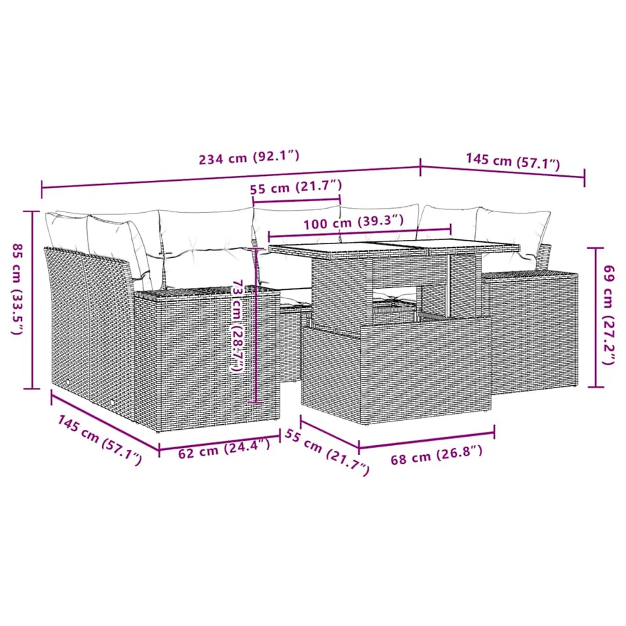 Ensemble de canapé de jardin 7 pcs avec coussins gris résine tressée - 10