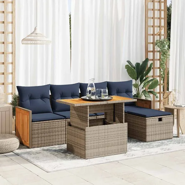 Salon de jardin avec coussins 6 pcs gris résine tressée acacia