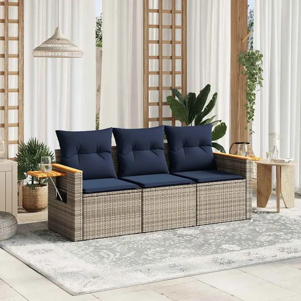 Salon de jardin avec coussins 3 pcs gris résine tressée