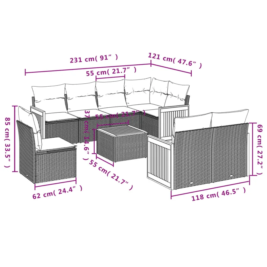 Ensemble de canapé de jardin 9 pcs avec coussins gris résine tressée - 8