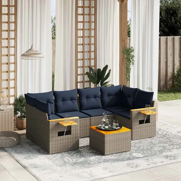 Salon de jardin 7 pcs avec coussins gris résine tressée