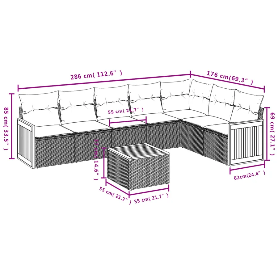 Ensemble de canapé de jardin 8 pcs avec coussins gris résine tressée - 8