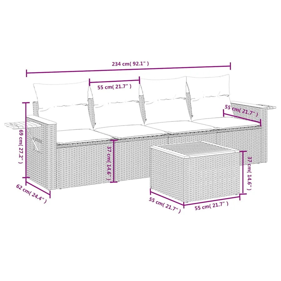 Salon de jardin 5 pcs avec coussins gris résine tressée - 8