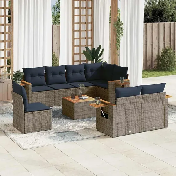 Salon de jardin 9 pcs avec coussins gris résine tressée