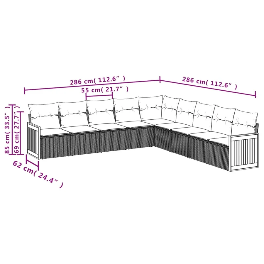 Ensemble de canapé de jardin 9 pcs avec coussins gris résine tressée - 7