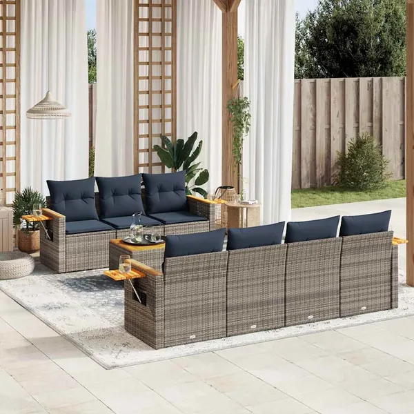 Salon de jardin 8 pcs avec coussins gris résine tressée