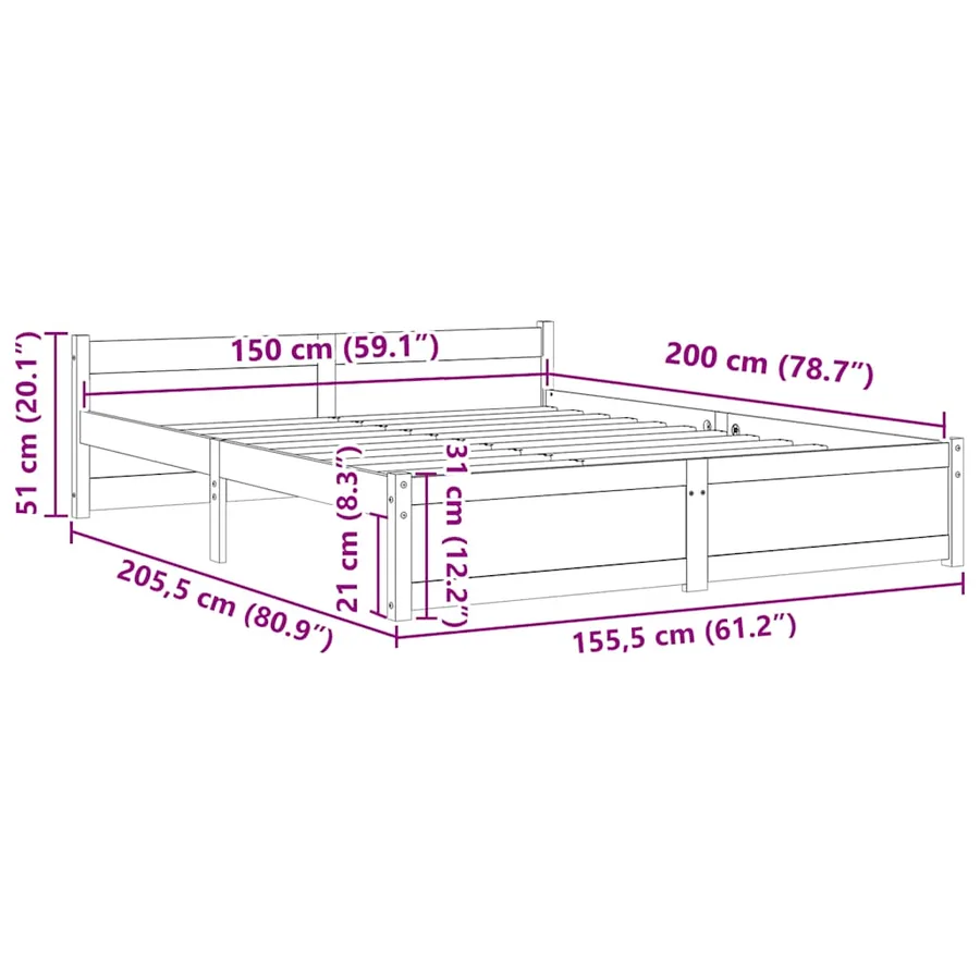 Cadre de lit sans matelas blanc bois massif 150x200 cm - 9