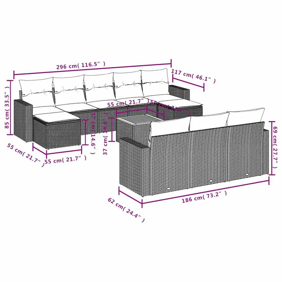 Ensemble de canapé de jardin 11 pcs avec coussins gris résine tressée - 11