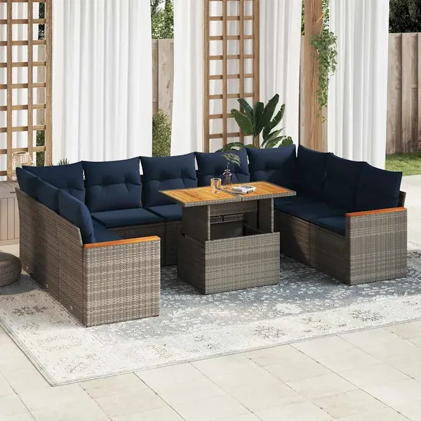 Salon de jardin avec coussins 10 pcs gris résine tressée