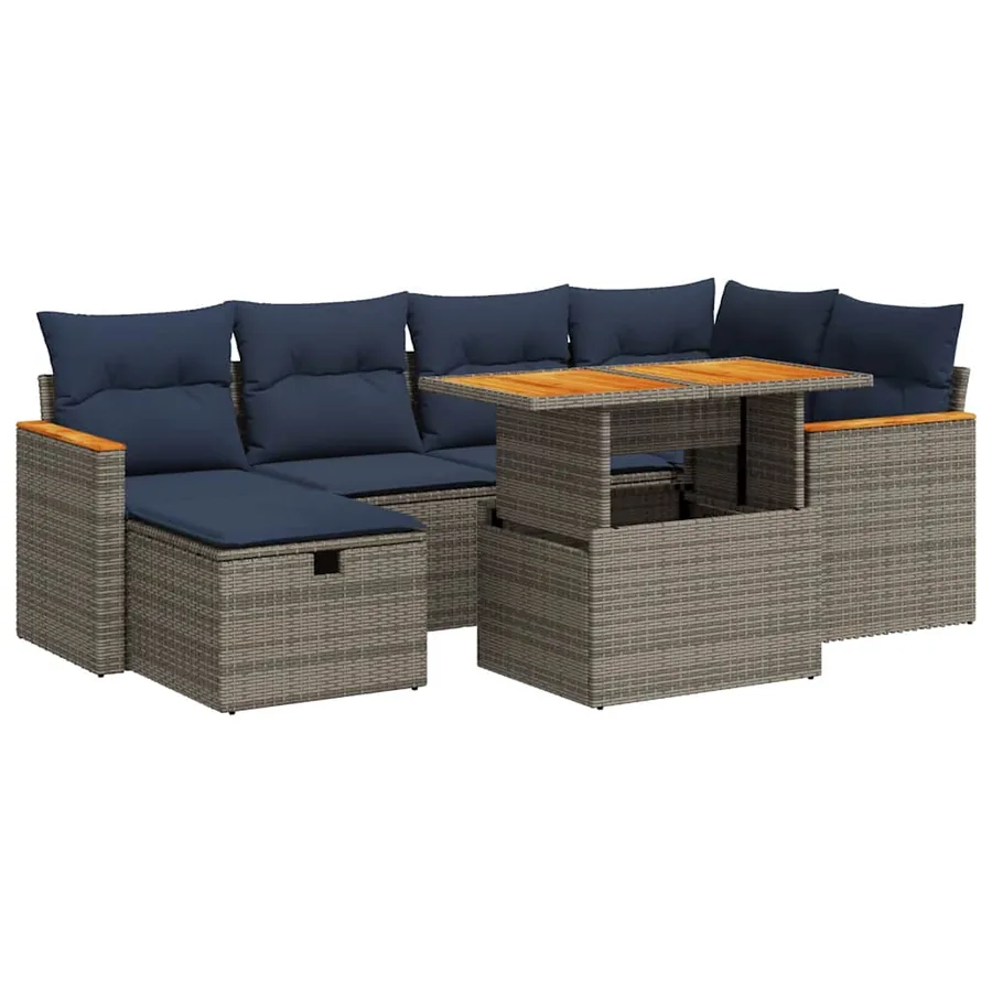 Salon de jardin avec coussins 7 pcs gris résine tressée acacia - 2
