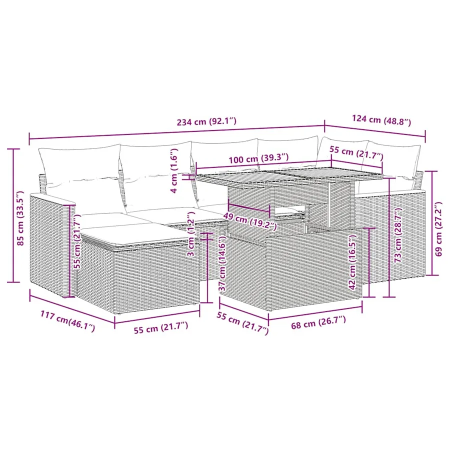 Salon de jardin avec coussins 7 pcs gris résine tressée - 16