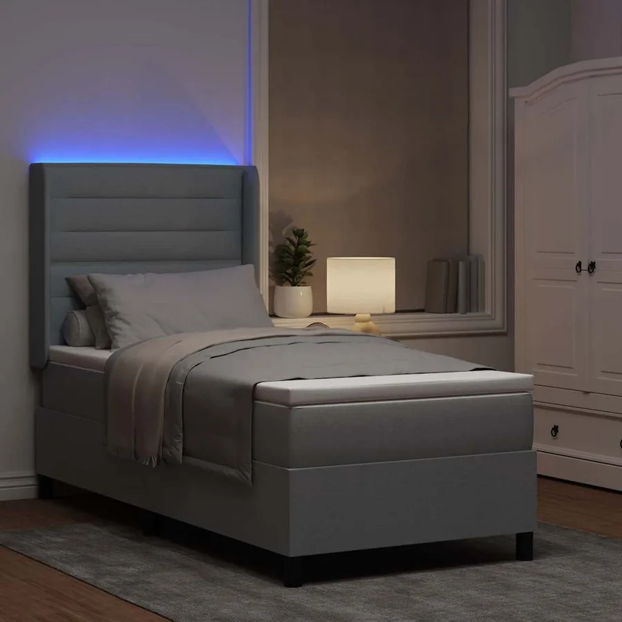 Lit à ressort LED avec matelas Gris clair 80 x 200 cm tissu - 5