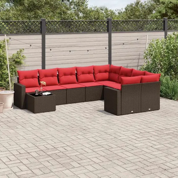 Salon de jardin 10 pcs avec coussins marron résine tressée