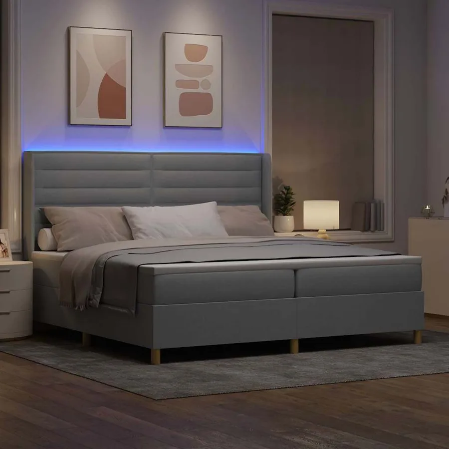 Lit à ressorts avec bandes LED Gris clair 200 x 200 cm tissu - 5
