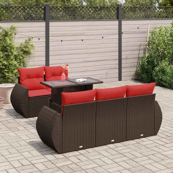 Salon de jardin avec coussins 6pcs marron résine tressée acacia