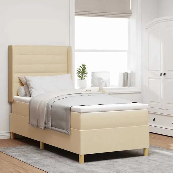 Lit à ressorts avec matelas Crème 90 x 190 cm tissu
