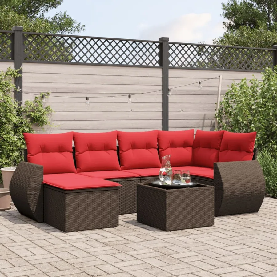 Ensemble de canapé de jardin 7 pcs avec coussins marron résine tressée