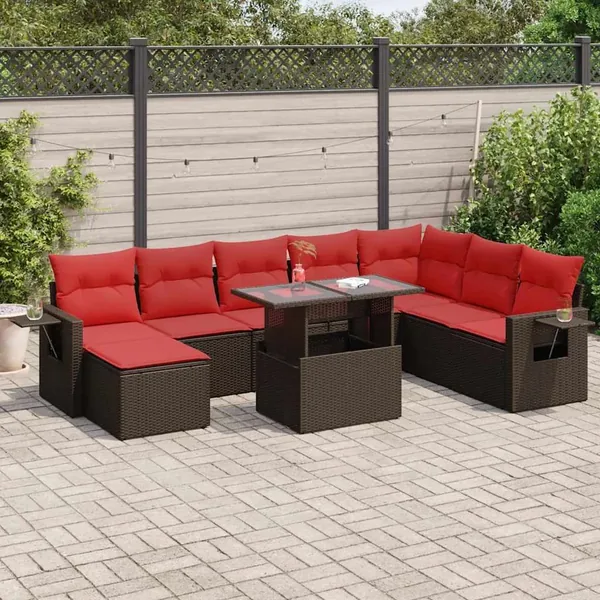 Salon de jardin avec coussins 9pcs marron résine tressée acacia