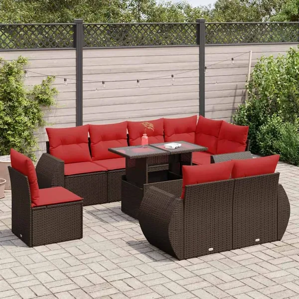 Salon de jardin avec coussins 9pcs marron résine tressée acacia