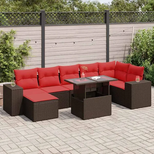 Salon de jardin 8pcs avec coussins marron résine tressée acacia