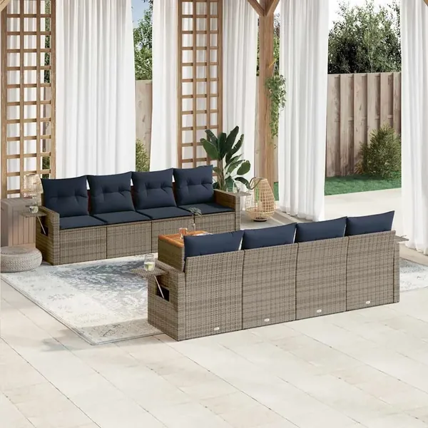 Ensemble de canapé de jardin 9 pcs avec coussins gris résine tressée