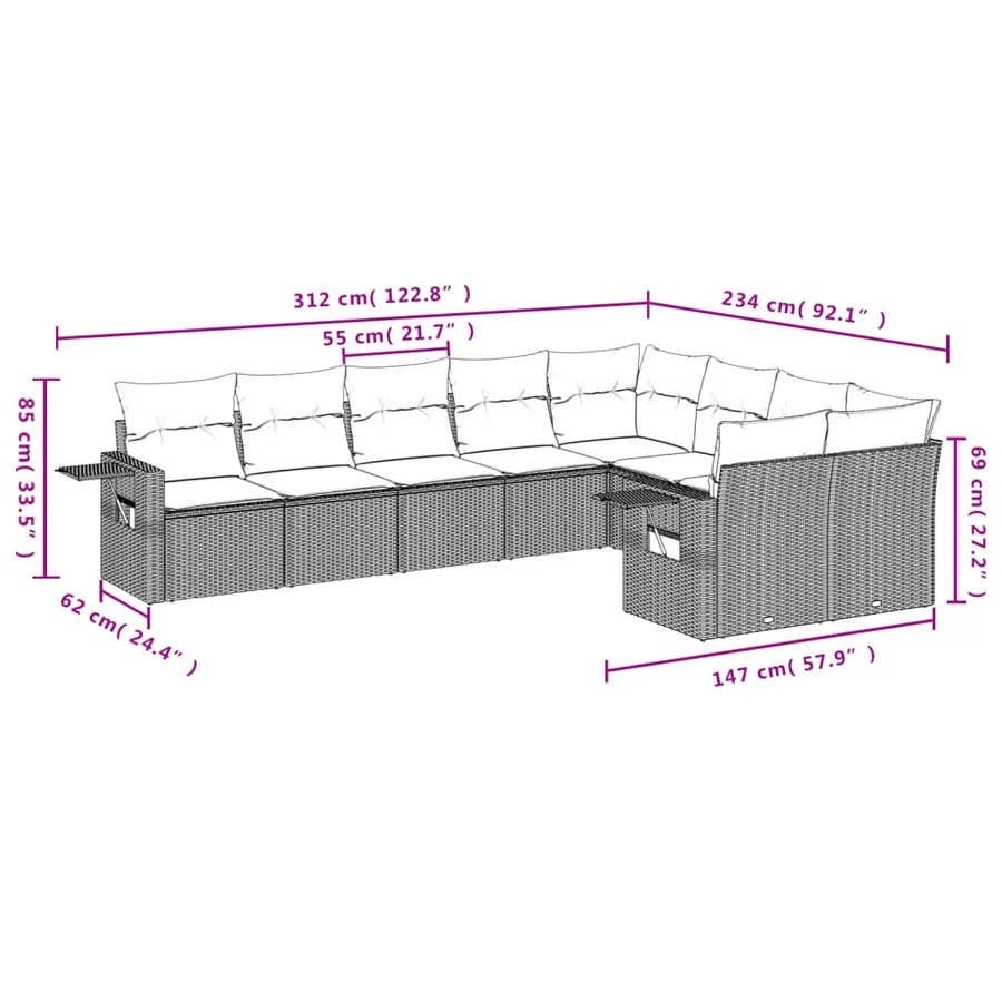 Ensemble de canapé de jardin 9 pcs avec coussins gris résine tressée - 8